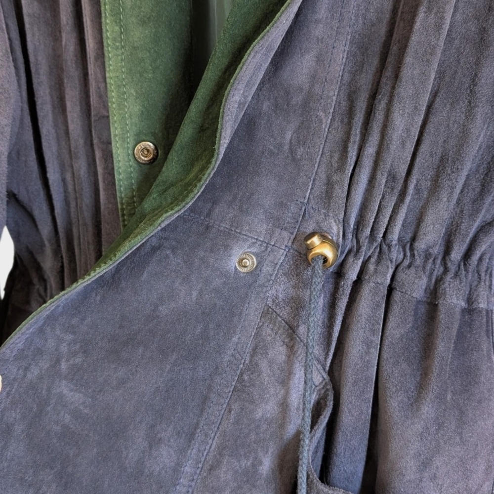 Vintage 100% Genuine Suede Leather Parka | Hooded Charcoal & Forest Green Jacket - Picture 2 of 6